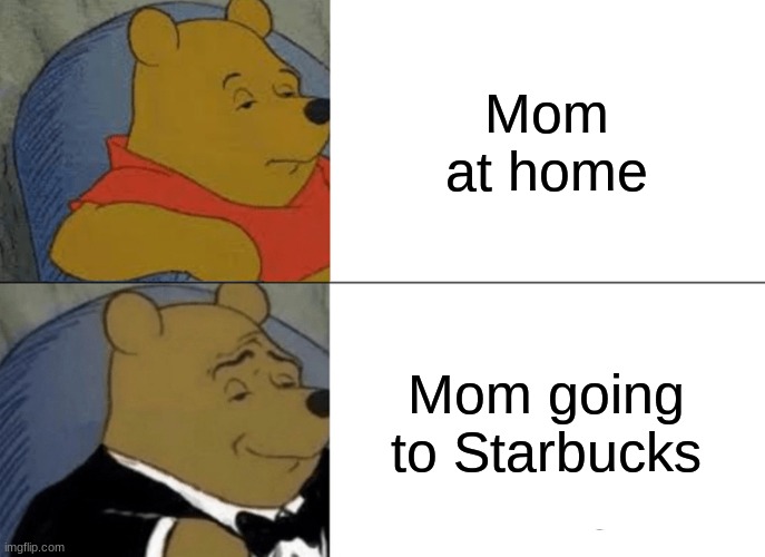 My mom dresses up for EVERYTHING | Mom at home; Mom going to Starbucks | image tagged in memes,tuxedo winnie the pooh | made w/ Imgflip meme maker