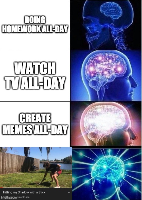 Expanding Brain Meme | DOING HOMEWORK ALL-DAY; WATCH TV ALL-DAY; CREATE MEMES ALL-DAY | image tagged in memes,expanding brain | made w/ Imgflip meme maker