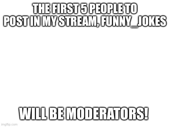 ATTENTION IMGFLIPPERS! | THE FIRST 5 PEOPLE TO POST IN MY STREAM, FUNNY_JOKES; WILL BE MODERATORS! | image tagged in blank white template | made w/ Imgflip meme maker