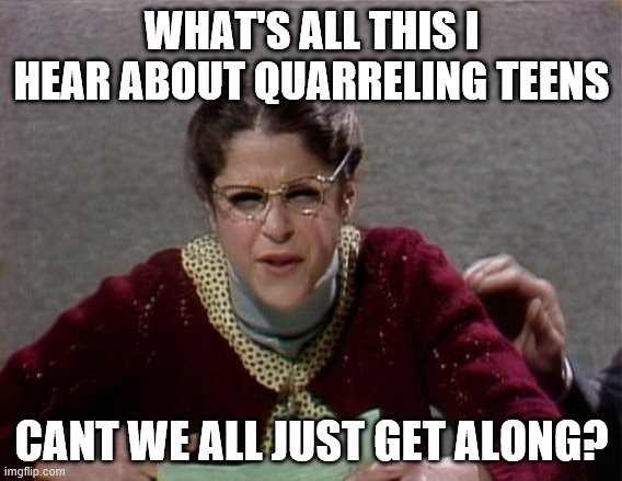 Emily Litella | WHAT'S ALL THIS I HEAR ABOUT QUARRELING TEENS; CANT WE ALL JUST GET ALONG? | image tagged in emily litella | made w/ Imgflip meme maker