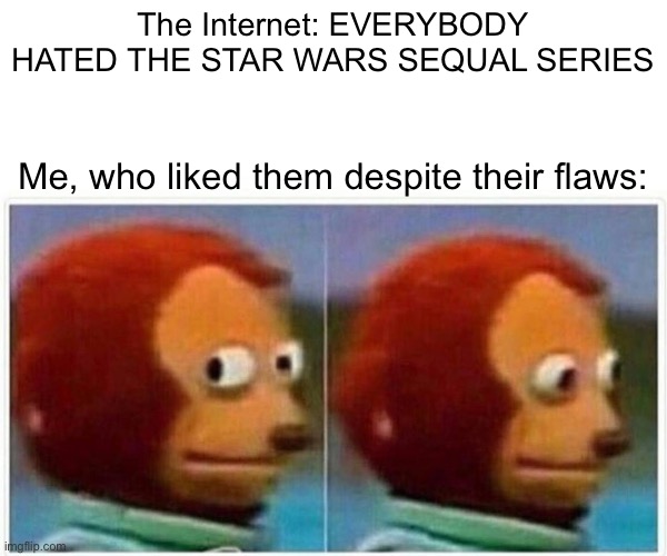 everyone will hate me now | The Internet: EVERYBODY HATED THE STAR WARS SEQUAL SERIES; Me, who liked them despite their flaws: | image tagged in memes,monkey puppet,star wars sequel,star wars | made w/ Imgflip meme maker