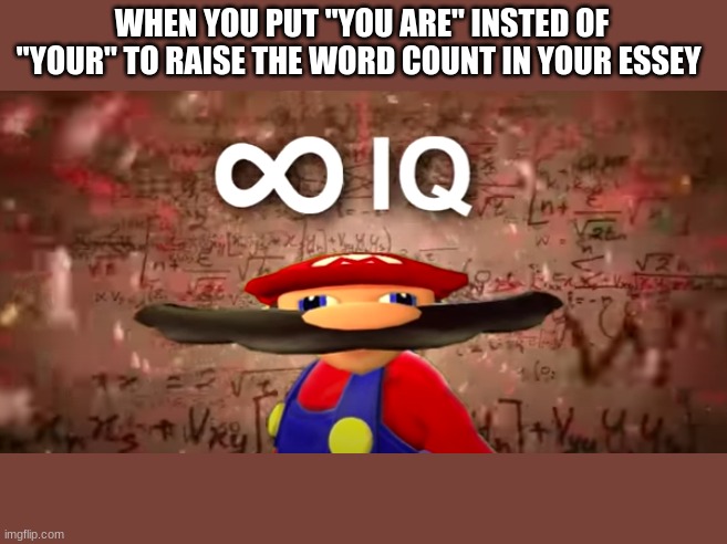 school | WHEN YOU PUT "YOU ARE" INSTEAD OF "YOUR" TO RAISE THE WORD COUNT IN YOUR ESSAY | image tagged in school,smg4 | made w/ Imgflip meme maker