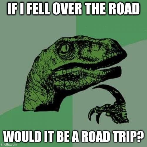 Philosoraptor | IF I FELL OVER THE ROAD; WOULD IT BE A ROAD TRIP? | image tagged in memes,philosoraptor | made w/ Imgflip meme maker