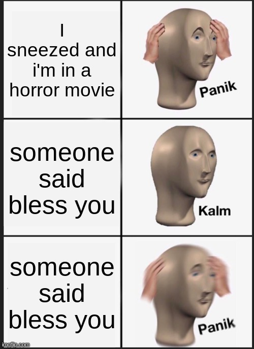 Panik Kalm Panik | I sneezed and i'm in a horror movie; someone said bless you; someone said bless you | image tagged in memes,panik kalm panik | made w/ Imgflip meme maker