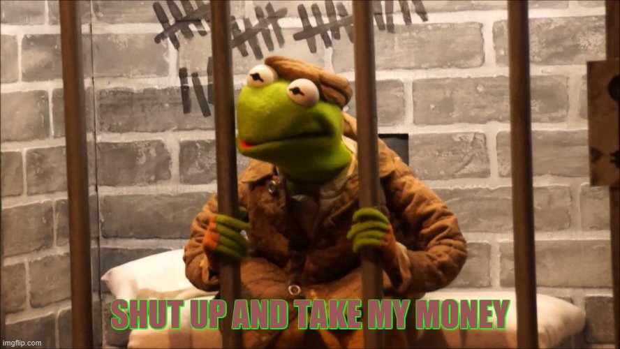 Kermit in jail | SHUT UP AND TAKE MY MONEY | image tagged in kermit in jail | made w/ Imgflip meme maker