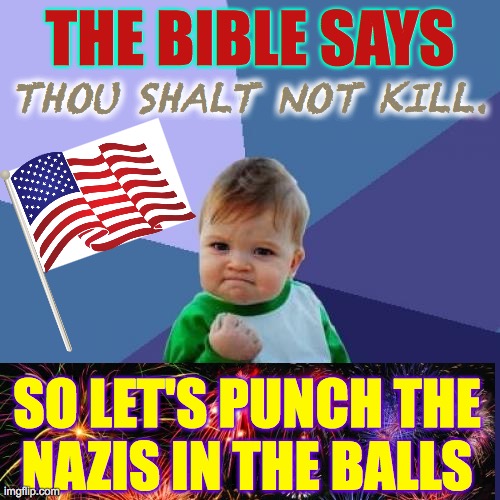 They won't like it but that's the point  ( : | THE BIBLE SAYS; THOU SHALT NOT KILL. SO LET'S PUNCH THE
NAZIS IN THE BALLS | image tagged in memes,success kid,i hate nazis,not sorry,it's good work if you can get it | made w/ Imgflip meme maker