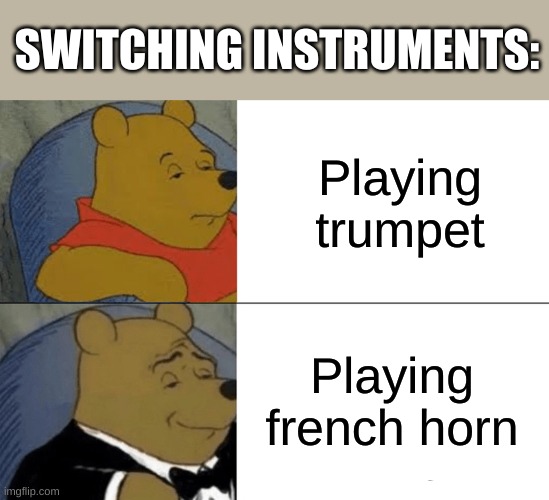 Yes I did this three months before a concert and let me tell you | SWITCHING INSTRUMENTS:; Playing trumpet; Playing french horn | image tagged in memes,tuxedo winnie the pooh | made w/ Imgflip meme maker