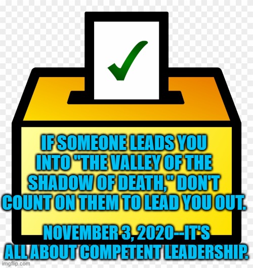 Leadership | IF SOMEONE LEADS YOU INTO "THE VALLEY OF THE SHADOW OF DEATH," DON'T COUNT ON THEM TO LEAD YOU OUT. NOVEMBER 3, 2020--IT'S ALL ABOUT COMPETENT LEADERSHIP. | image tagged in politics | made w/ Imgflip meme maker