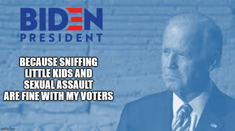 Biden's voters |  BECAUSE SNIFFING LITTLE KIDS AND SEXUAL ASSAULT ARE FINE WITH MY VOTERS | image tagged in joe biden,tara reade,sexual assault,sleepy joe,creepy joe,ConservativeMemes | made w/ Imgflip meme maker