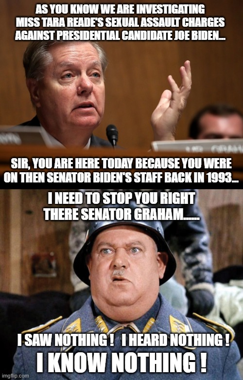 What to expect should Tara Reade's claim ever end up before a Senate investigation | AS YOU KNOW WE ARE INVESTIGATING MISS TARA READE'S SEXUAL ASSAULT CHARGES AGAINST PRESIDENTIAL CANDIDATE JOE BIDEN... SIR, YOU ARE HERE TODAY BECAUSE YOU WERE ON THEN SENATOR BIDEN'S STAFF BACK IN 1993... I NEED TO STOP YOU RIGHT THERE SENATOR GRAHAM...... I SAW NOTHING !   I HEARD NOTHING ! I KNOW NOTHING ! | image tagged in senator graham,creepy joe biden,election 2020,donald trump approves,liberal vs conservative,fakenews | made w/ Imgflip meme maker