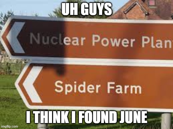 june | UH GUYS; I THINK I FOUND JUNE | image tagged in june 2020,radioactive spiders,memes | made w/ Imgflip meme maker