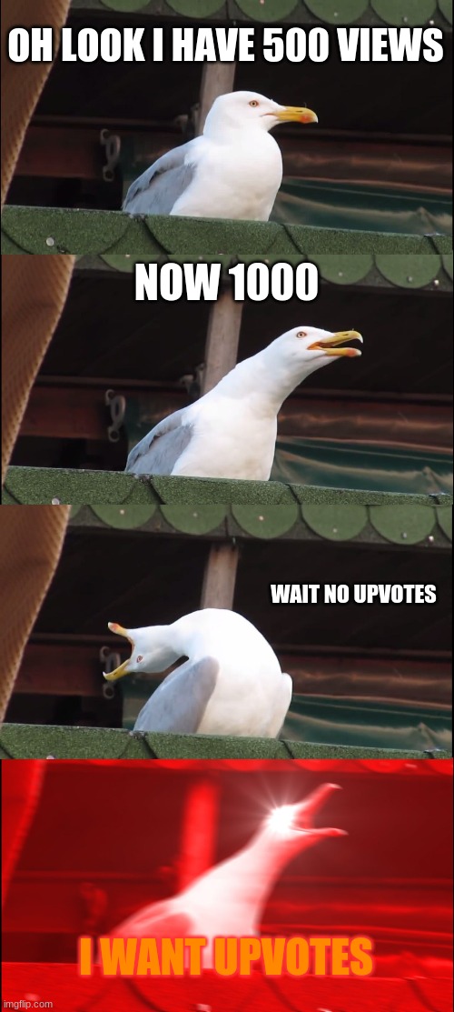 Inhaling Seagull Meme | OH LOOK I HAVE 500 VIEWS NOW 1000 WAIT NO UPVOTES I WANT UPVOTES | image tagged in memes,inhaling seagull | made w/ Imgflip meme maker