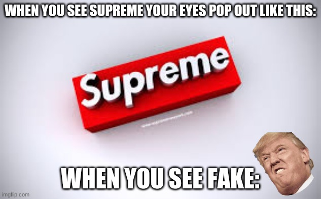 supreme | WHEN YOU SEE SUPREME YOUR EYES POP OUT LIKE THIS:; WHEN YOU SEE FAKE: | image tagged in funny meme | made w/ Imgflip meme maker