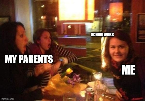 SCHOOLWORK; MY PARENTS; ME | image tagged in school | made w/ Imgflip meme maker