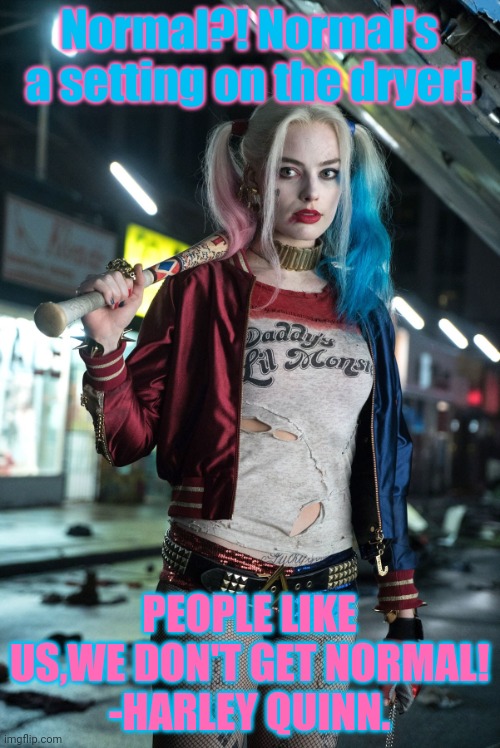 She's right you know. | Normal?! Normal's a setting on the dryer! PEOPLE LIKE US,WE DON'T GET NORMAL!
-HARLEY QUINN. | image tagged in harley quinn,coolish,quotes,movie quotes,suicide squad | made w/ Imgflip meme maker