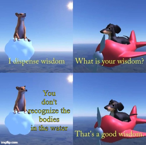 SCP Wisdom dog | You don't recognize the bodies in the water | image tagged in wisdom dog | made w/ Imgflip meme maker