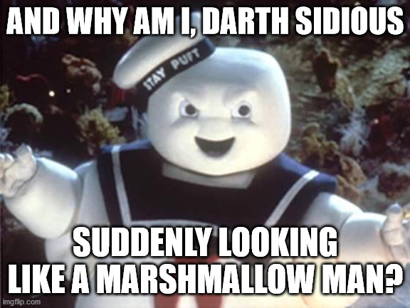 Stay Puft Marshmallow Man | AND WHY AM I, DARTH SIDIOUS SUDDENLY LOOKING LIKE A MARSHMALLOW MAN? | image tagged in stay puft marshmallow man | made w/ Imgflip meme maker