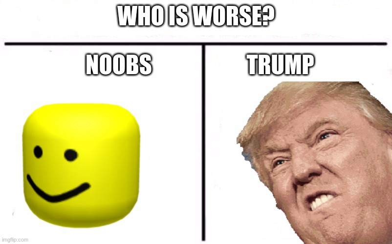 WHO IS WORSE? NOOBS                      TRUMP | image tagged in noobs,who would win,trump,memes | made w/ Imgflip meme maker