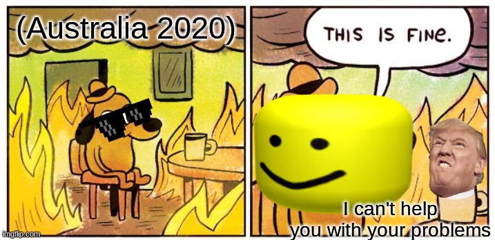 Australian wildfires | (Australia 2020); I can't help you with your problems | image tagged in memes,this is fine | made w/ Imgflip meme maker