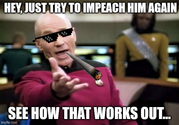 2020 | HEY, JUST TRY TO IMPEACH HIM AGAIN; SEE HOW THAT WORKS OUT... | image tagged in memes,picard wtf,trump,biden,impeach trump | made w/ Imgflip meme maker