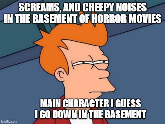 Horror movie reality | SCREAMS, AND CREEPY NOISES IN THE BASEMENT OF HORROR MOVIES; MAIN CHARACTER I GUESS I GO DOWN IN THE BASEMENT | image tagged in memes,futurama fry,reality | made w/ Imgflip meme maker