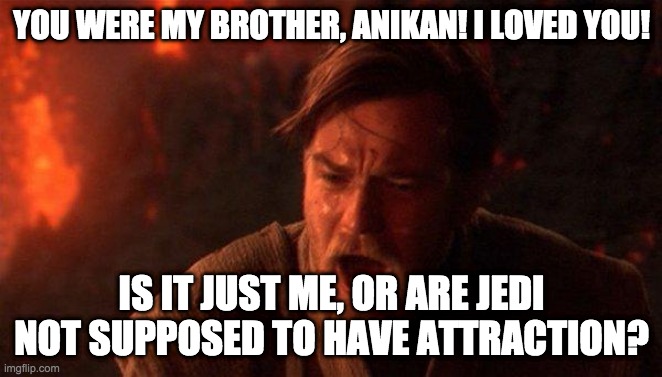 You Were The Chosen One (Star Wars) | YOU WERE MY BROTHER, ANIKAN! I LOVED YOU! IS IT JUST ME, OR ARE JEDI NOT SUPPOSED TO HAVE ATTRACTION? | image tagged in memes,you were the chosen one star wars | made w/ Imgflip meme maker