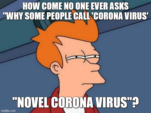 Futurama Fry | HOW COME NO ONE EVER ASKS "WHY SOME PEOPLE CALL 'CORONA VIRUS'; "NOVEL CORONA VIRUS"? | image tagged in memes,futurama fry | made w/ Imgflip meme maker