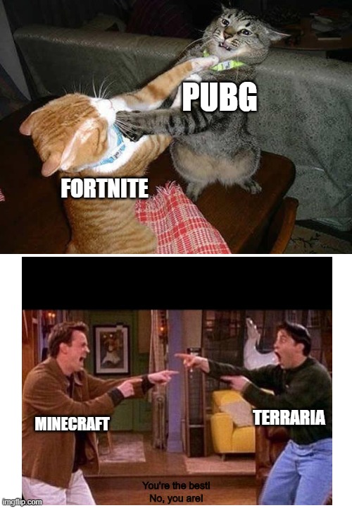 Better friends than foes |  PUBG; FORTNITE; TERRARIA; MINECRAFT; You're the best!
No, you are! | image tagged in two cats fighting for real | made w/ Imgflip meme maker