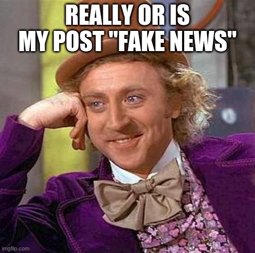 Creepy Condescending Wonka Meme | REALLY OR IS MY POST "FAKE NEWS" | image tagged in memes,creepy condescending wonka | made w/ Imgflip meme maker