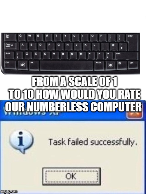 task failed successfully | FROM A SCALE OF 1 TO 10 HOW WOULD YOU RATE OUR NUMBERLESS COMPUTER | image tagged in task failed successfully | made w/ Imgflip meme maker