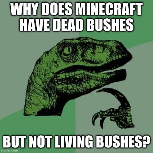 Philosoraptor | WHY DOES MINECRAFT HAVE DEAD BUSHES; BUT NOT LIVING BUSHES? | image tagged in memes,philosoraptor | made w/ Imgflip meme maker