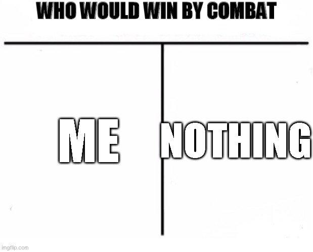 Who Would Win by Combat | NOTHING; ME | image tagged in who would win by combat | made w/ Imgflip meme maker