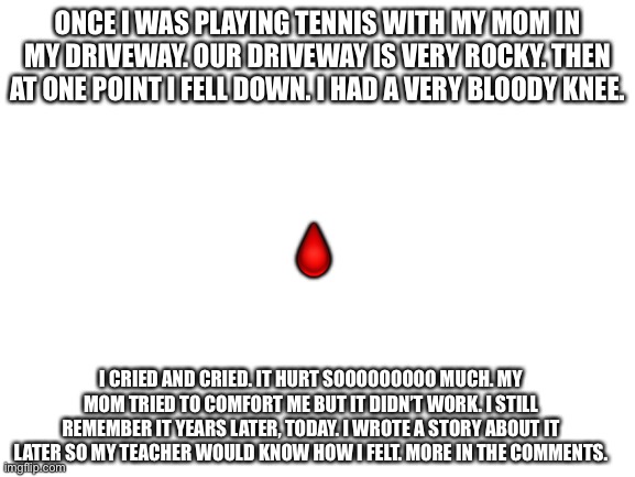 Blank White Template | ONCE I WAS PLAYING TENNIS WITH MY MOM IN MY DRIVEWAY. OUR DRIVEWAY IS VERY ROCKY. THEN AT ONE POINT I FELL DOWN. I HAD A VERY BLOODY KNEE. 🩸; I CRIED AND CRIED. IT HURT SOOOOOOOOO MUCH. MY MOM TRIED TO COMFORT ME BUT IT DIDN’T WORK. I STILL REMEMBER IT YEARS LATER, TODAY. I WROTE A STORY ABOUT IT LATER SO MY TEACHER WOULD KNOW HOW I FELT. MORE IN THE COMMENTS. | image tagged in blank white template,injury,tennis | made w/ Imgflip meme maker