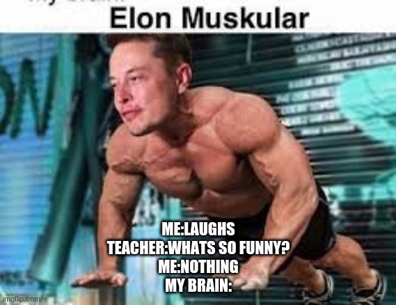 elon muskular | ME:LAUGHS
TEACHER:WHATS SO FUNNY?
ME:NOTHING
MY BRAIN: | image tagged in memes,elon musk | made w/ Imgflip meme maker