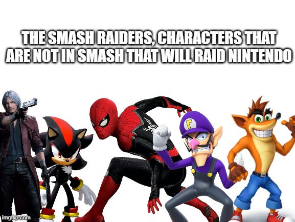 Why haven't you put these bois in nintendo? | THE SMASH RAIDERS, CHARACTERS THAT ARE NOT IN SMASH THAT WILL RAID NINTENDO | image tagged in super smash bros,dlc,nintendo | made w/ Imgflip meme maker