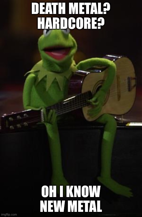 Deathcore maybe? I know that’s not a thing | DEATH METAL? HARDCORE? OH I KNOW NEW METAL | image tagged in kermit guitar | made w/ Imgflip meme maker