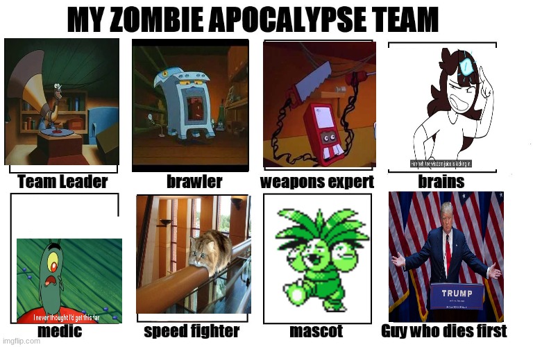 with my team he wouldn't last a second | image tagged in my zombie apocalypse team,jaiden animations,memes,plankton,pokemon,zombie | made w/ Imgflip meme maker