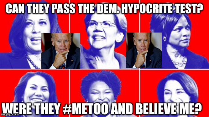 VP candidate must be certified hypocrite to Run with Joe. | CAN THEY PASS THE DEM. HYPOCRITE TEST? WERE THEY #METOO AND BELIEVE ME? | image tagged in biden,sexual harassment,hypocrites,liberal hypocrisy | made w/ Imgflip meme maker