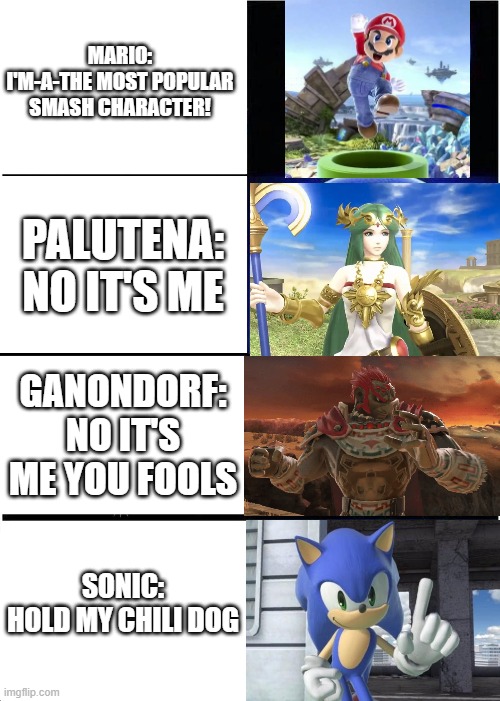 S o n i c | MARIO:
I'M-A-THE MOST POPULAR SMASH CHARACTER! PALUTENA:
NO IT'S ME; GANONDORF:
NO IT'S ME YOU FOOLS; SONIC:
HOLD MY CHILI DOG | image tagged in expanding brain,super smash bros,characters | made w/ Imgflip meme maker