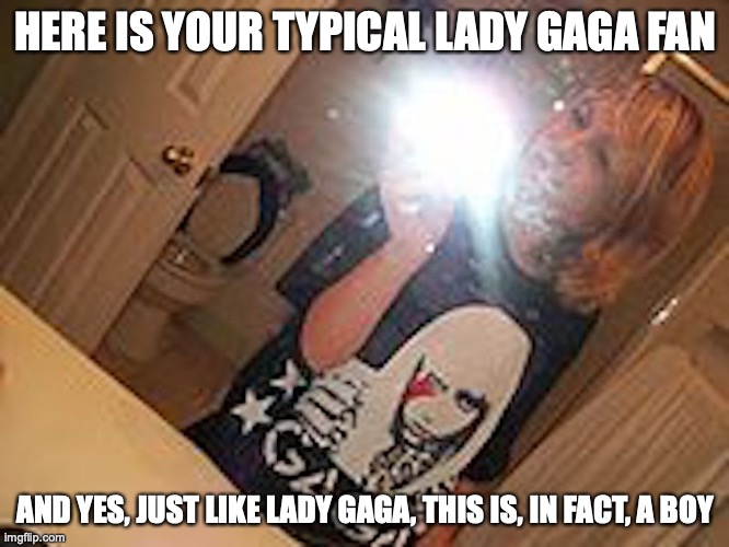 Lady Gaga Fan | HERE IS YOUR TYPICAL LADY GAGA FAN; AND YES, JUST LIKE LADY GAGA, THIS IS, IN FACT, A BOY | image tagged in lady gaga,fan,memes | made w/ Imgflip meme maker