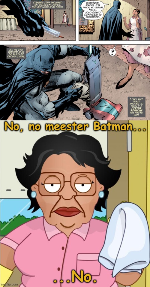 Batman VS Consuela: Dawn of Cleaning | No, no meester Batman... ...No. | image tagged in consuela1,batman | made w/ Imgflip meme maker