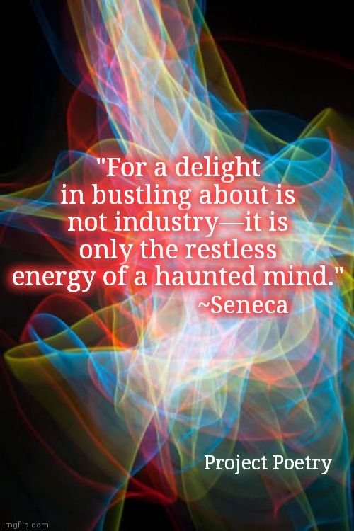 Project Poetry | "For a delight in bustling about is not industry—it is only the restless energy of a haunted mind."; ~Seneca; Project Poetry | image tagged in philosophy,roman,art | made w/ Imgflip meme maker