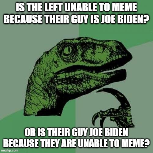 Philosoraptor Meme | IS THE LEFT UNABLE TO MEME BECAUSE THEIR GUY IS JOE BIDEN? OR IS THEIR GUY JOE BIDEN BECAUSE THEY ARE UNABLE TO MEME? | image tagged in memes,philosoraptor | made w/ Imgflip meme maker
