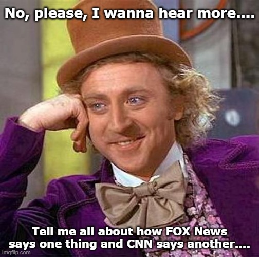 Creepy Condescending Wonka Meme | No, please, I wanna hear more.... Tell me all about how FOX News says one thing and CNN says another.... | image tagged in memes,creepy condescending wonka | made w/ Imgflip meme maker