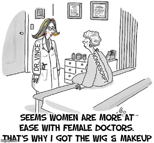 DR. VINCE SEEMS WOMEN ARE MORE AT EASE WITH FEMALE DOCTORS. THAT'S WHY I GOT THE WIG & MAKEUP NONDESCRIPT | made w/ Imgflip meme maker