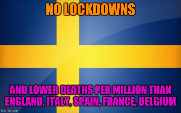 Sweden Flag | NO LOCKDOWNS AND LOWER DEATHS PER MILLION THAN ENGLAND, ITALY, SPAIN, FRANCE, BELGIUM | image tagged in sweden flag | made w/ Imgflip meme maker
