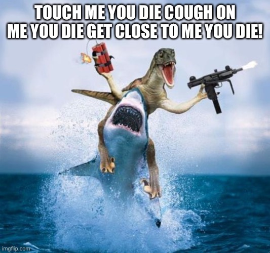 Touch me you die | TOUCH ME YOU DIE COUGH ON ME YOU DIE GET CLOSE TO ME YOU DIE! | image tagged in dinosaur riding shark,funny | made w/ Imgflip meme maker