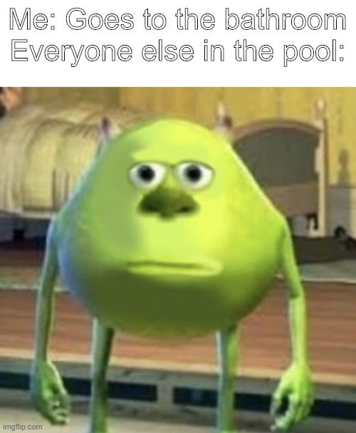 Mike Wazowski Face Swap | Me: Goes to the bathroom
Everyone else in the pool: | image tagged in mike wazowski face swap | made w/ Imgflip meme maker