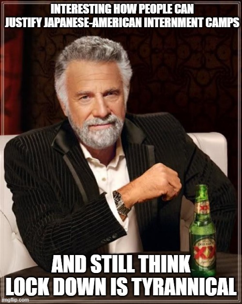 Not the best image for this, I know | INTERESTING HOW PEOPLE CAN JUSTIFY JAPANESE-AMERICAN INTERNMENT CAMPS; AND STILL THINK LOCK DOWN IS TYRANNICAL | image tagged in memes,the most interesting man in the world | made w/ Imgflip meme maker