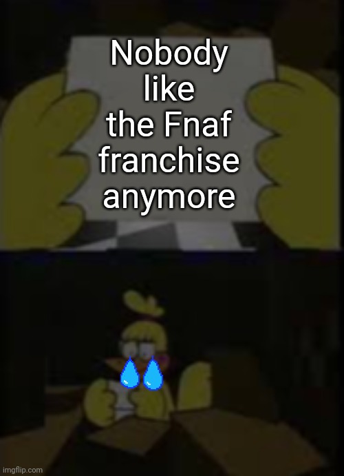 May or may not be true.  Ask the 8 Ball, m8. | Nobody like the Fnaf franchise anymore | image tagged in dissapointed chica template,fnaf | made w/ Imgflip meme maker